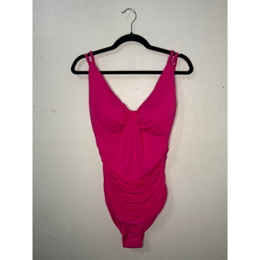 Carmen Marc Valvo Women’s 14 One Piece Swimsuit Fuchsia Pink V-Neck Ruched NEW